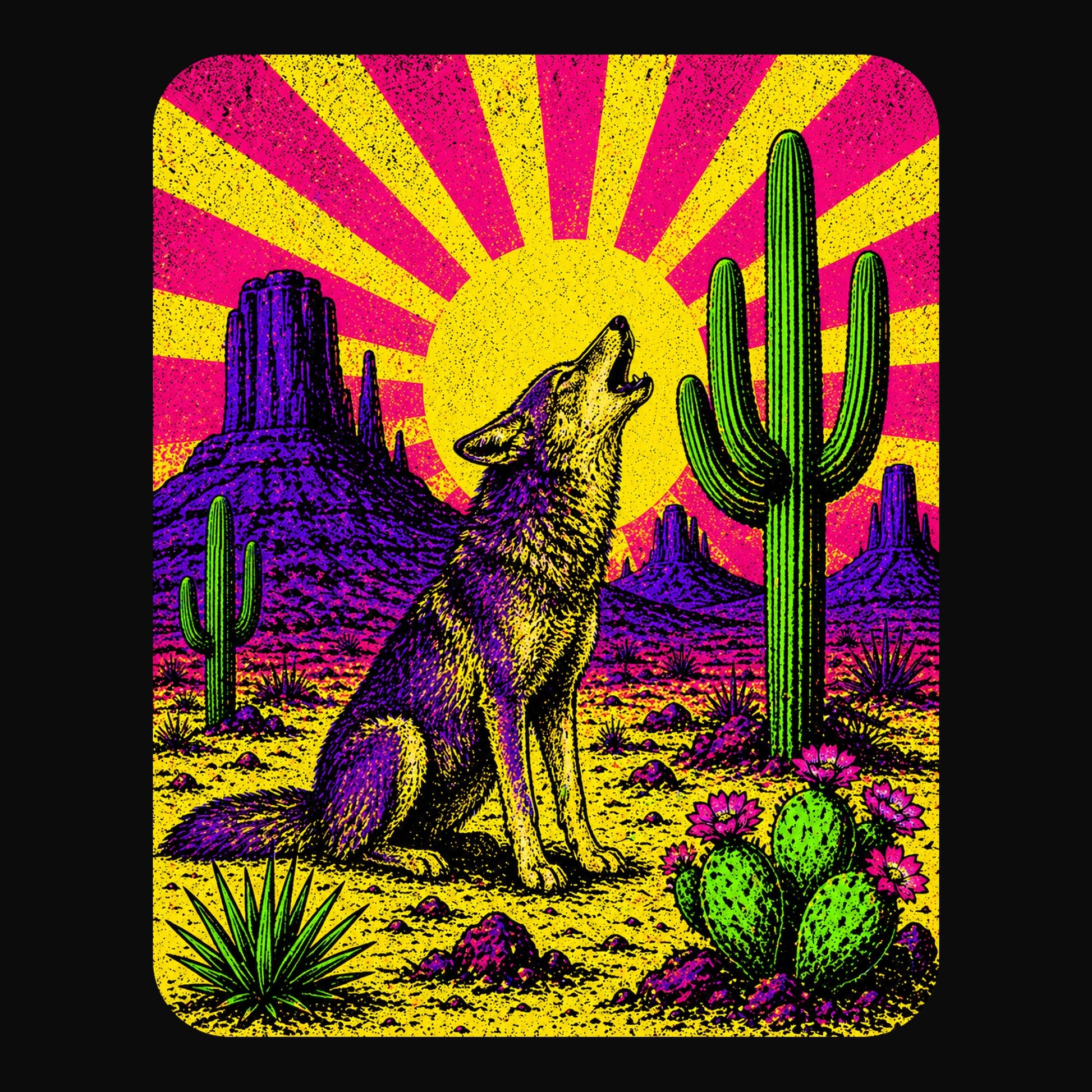 Close-up of the Neon Sunburst Coyote design on a Solid Black Blend V-neck tee
