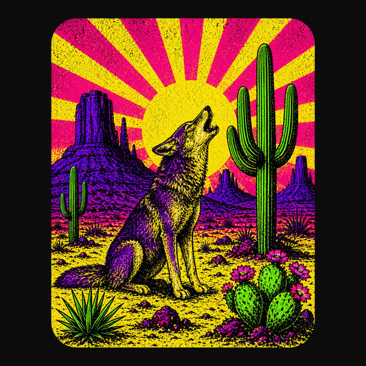 Close-up of the Neon Sunburst Coyote design on a Solid Black Blend V-neck tee