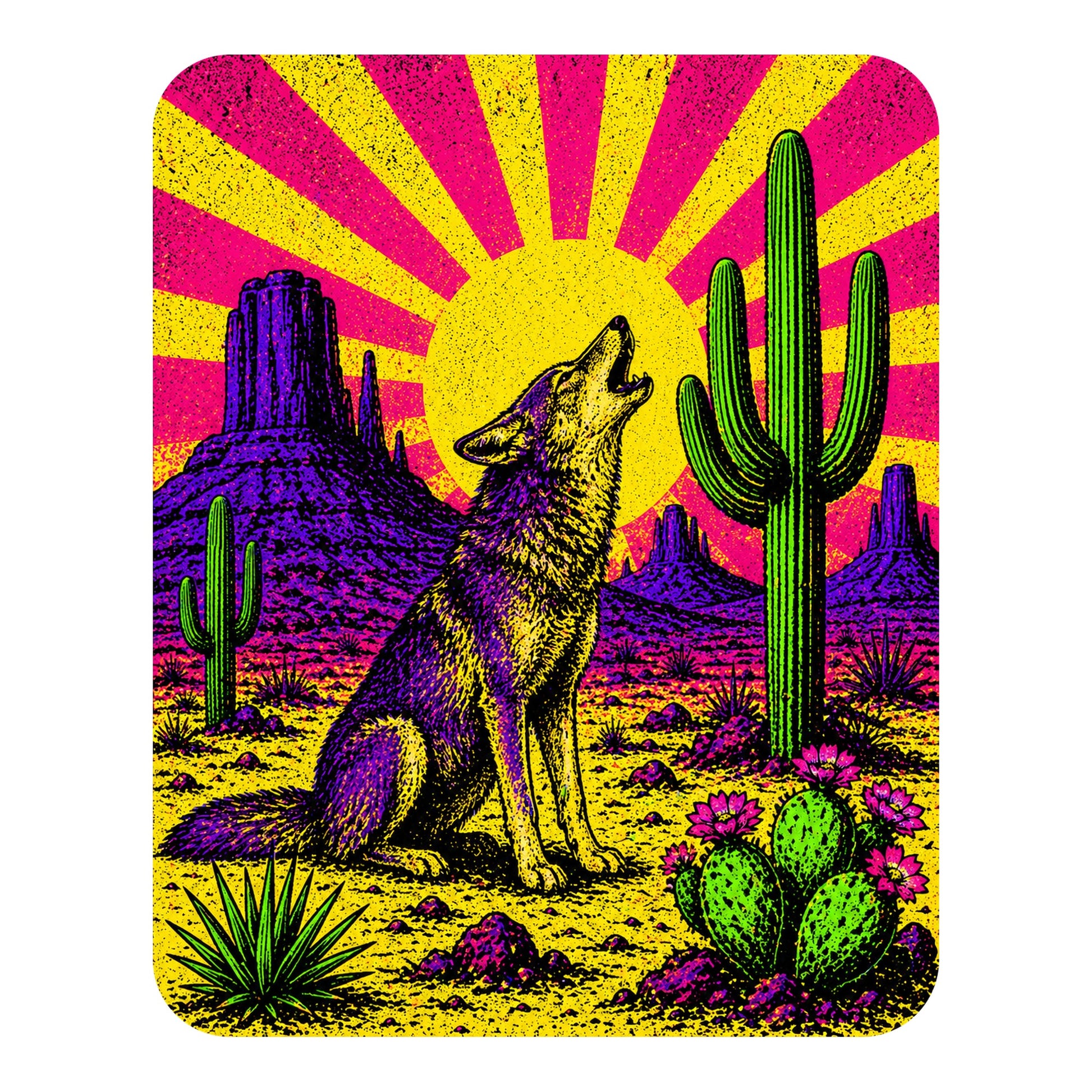 Close-up of the Neon Sunburst Howling Coyote design on a White tee