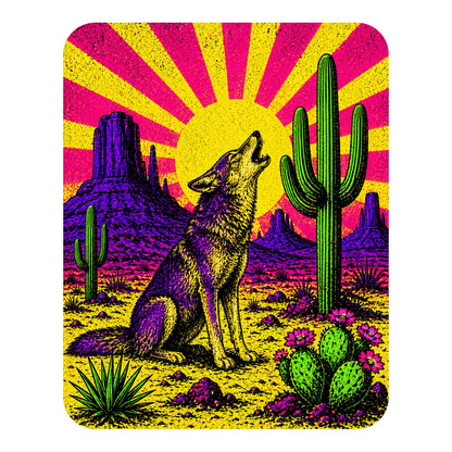 Close-up of the Neon Sunburst Howling Coyote design on a White tee