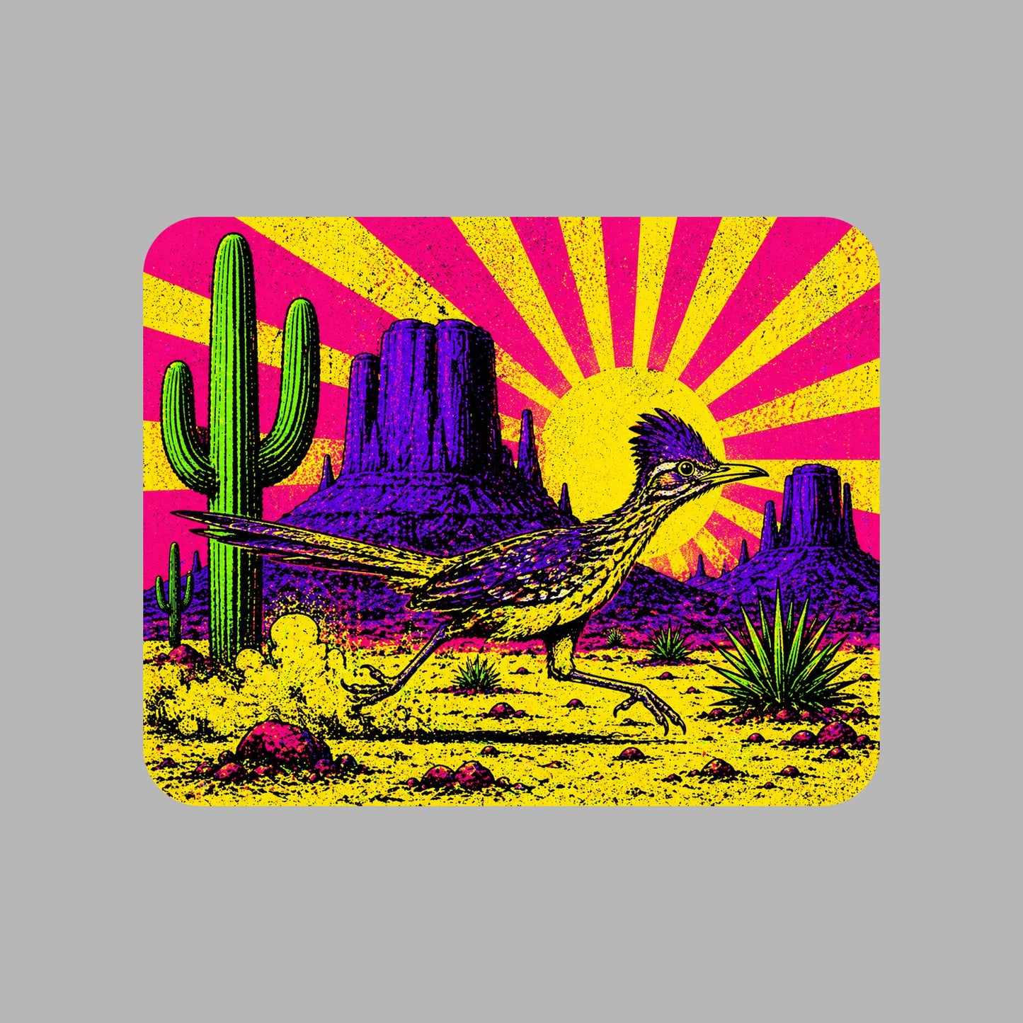 Close-up of the Neon Roadrunner Monument Valley design on an Athletic Heather tee