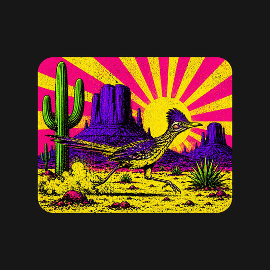 Close-up of the Neon Roadrunner Monument Valley design on a Black tee