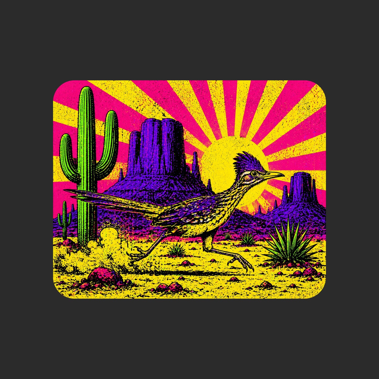 Close-up of the Neon Roadrunner Monument Valley design on a Dark Grey Heather V-neck tee