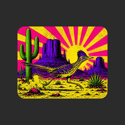Close-up of the Neon Roadrunner Monument Valley design on a Dark Grey Heather V-neck tee