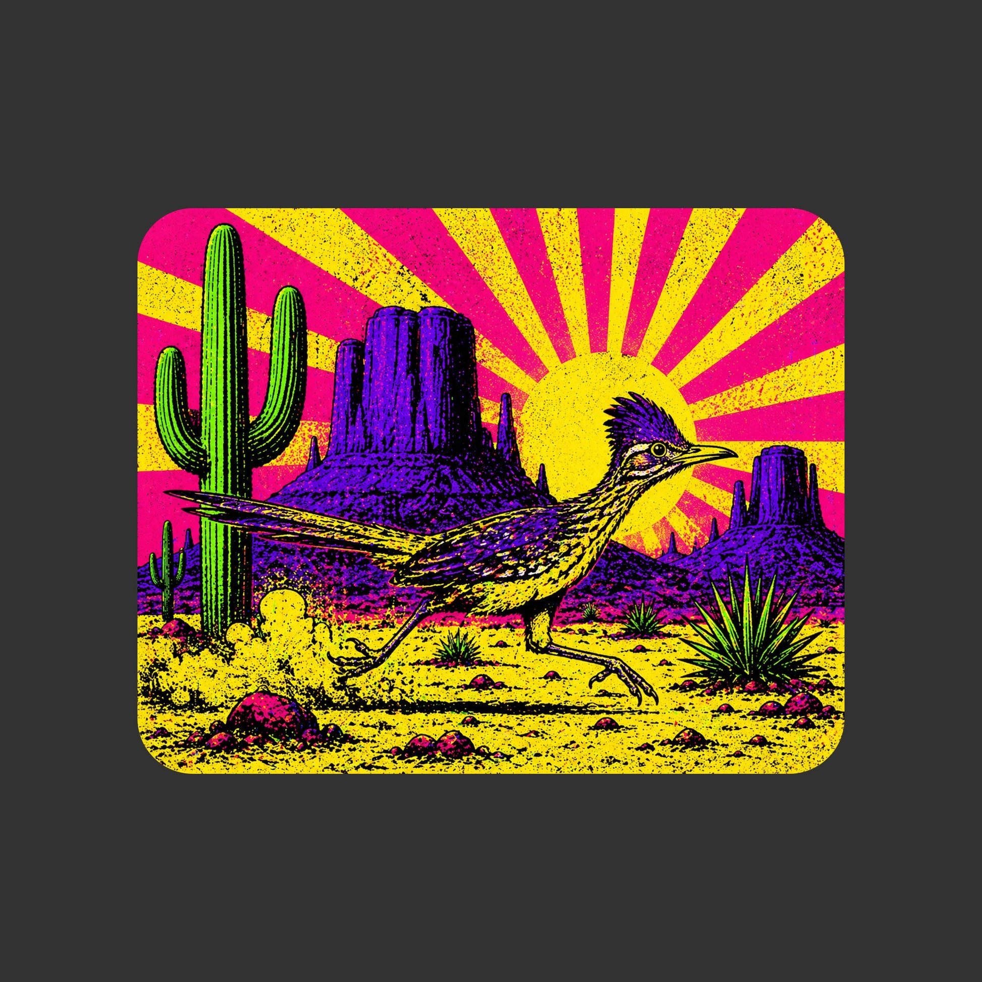 Close-up of the Neon Roadrunner Monument Valley design on a Dark Grey Heather tee