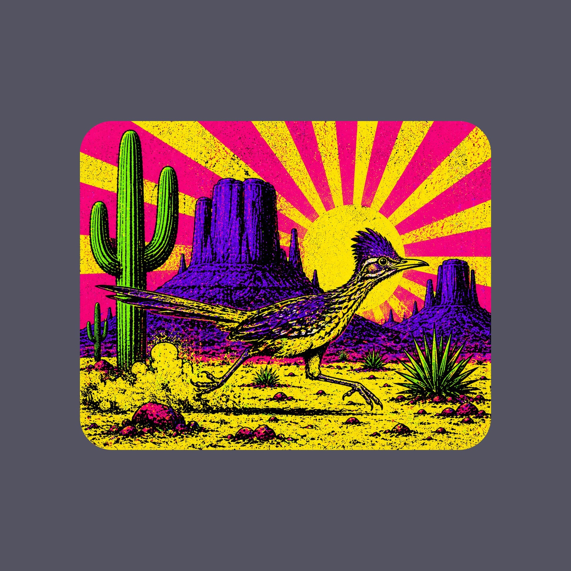 Close-up of the Neon Roadrunner Monument Valley design on a Heather Navy tee