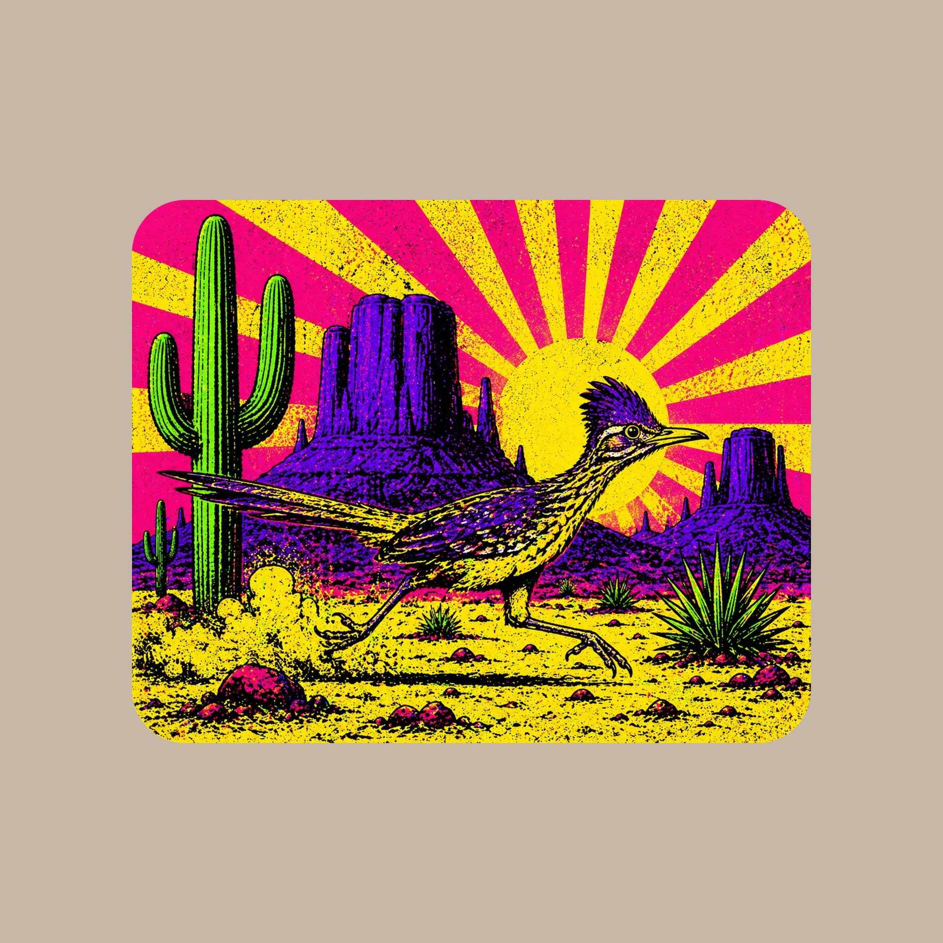 Close-up of the Neon Roadrunner Monument Valley design on a Heather Stone tee
