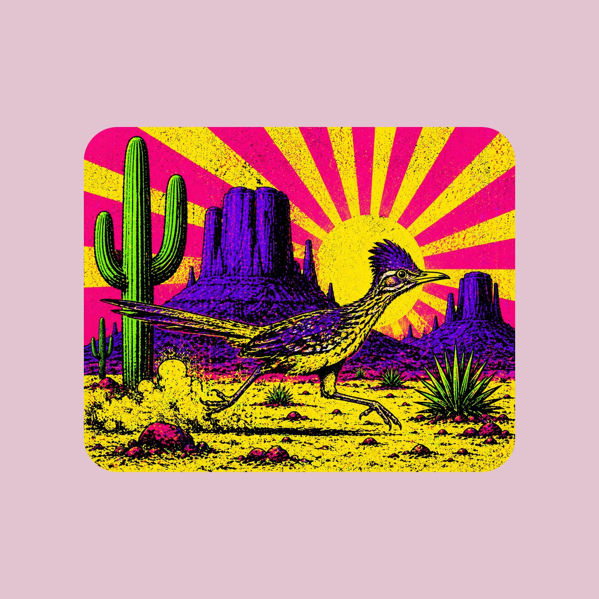 Close-up of the Neon Roadrunner Monument Valley design on a Light Violet tee