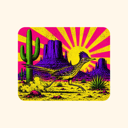 Close-up of the Neon Roadrunner Monument Valley design on a Natural tee