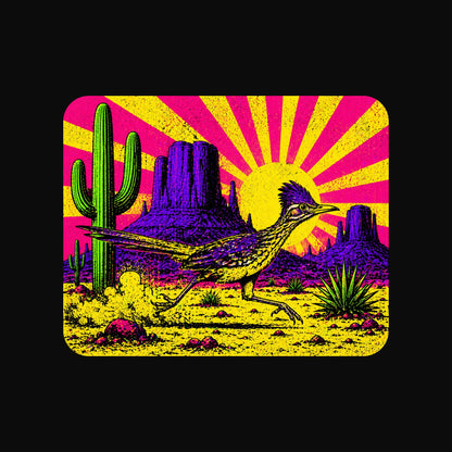 Close-up of the Neon Roadrunner Monument Valley design on a Solid Black Blend V-neck tee