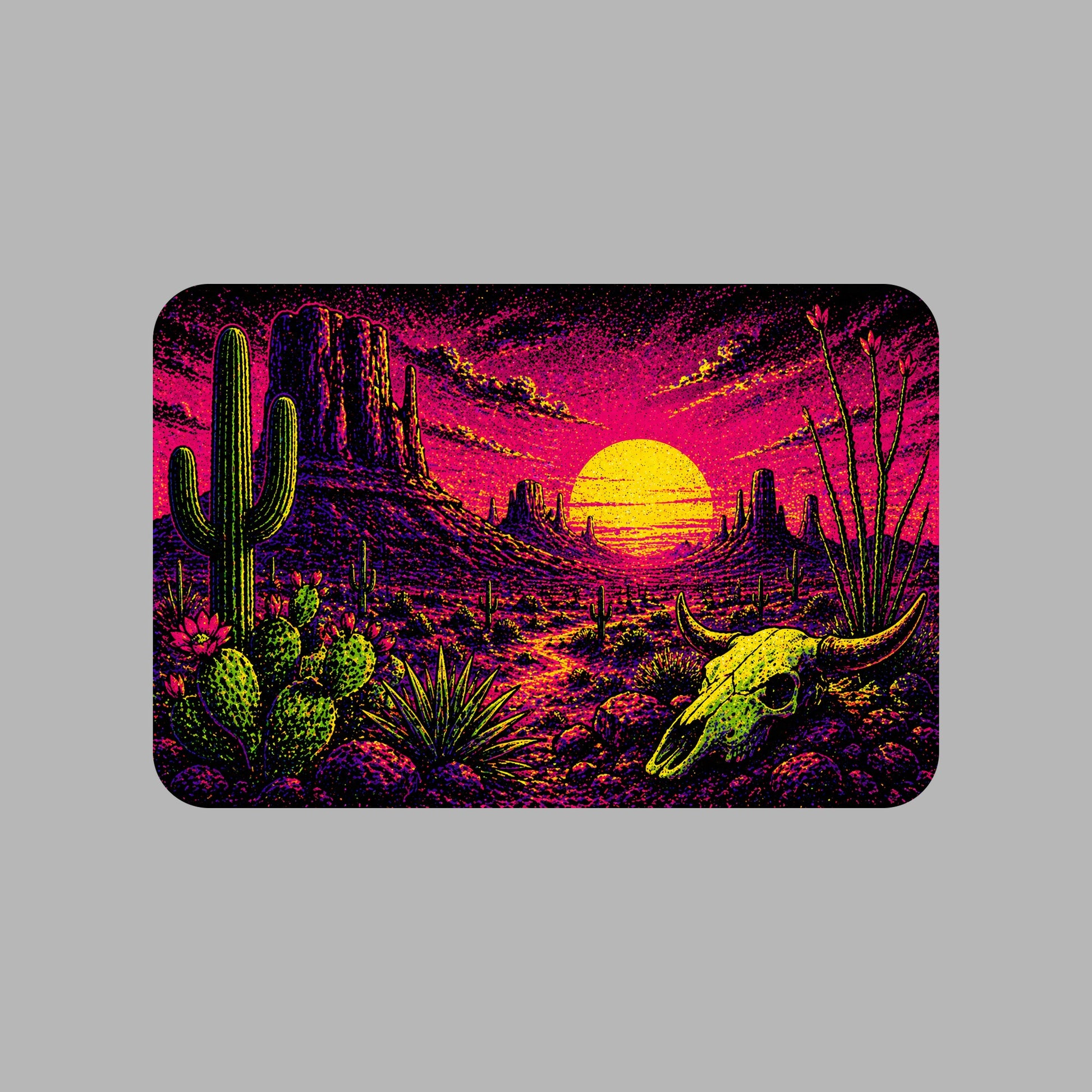 Close-up of the Blacklight Desert Skull Sunset design on an Athletic Heather tee
