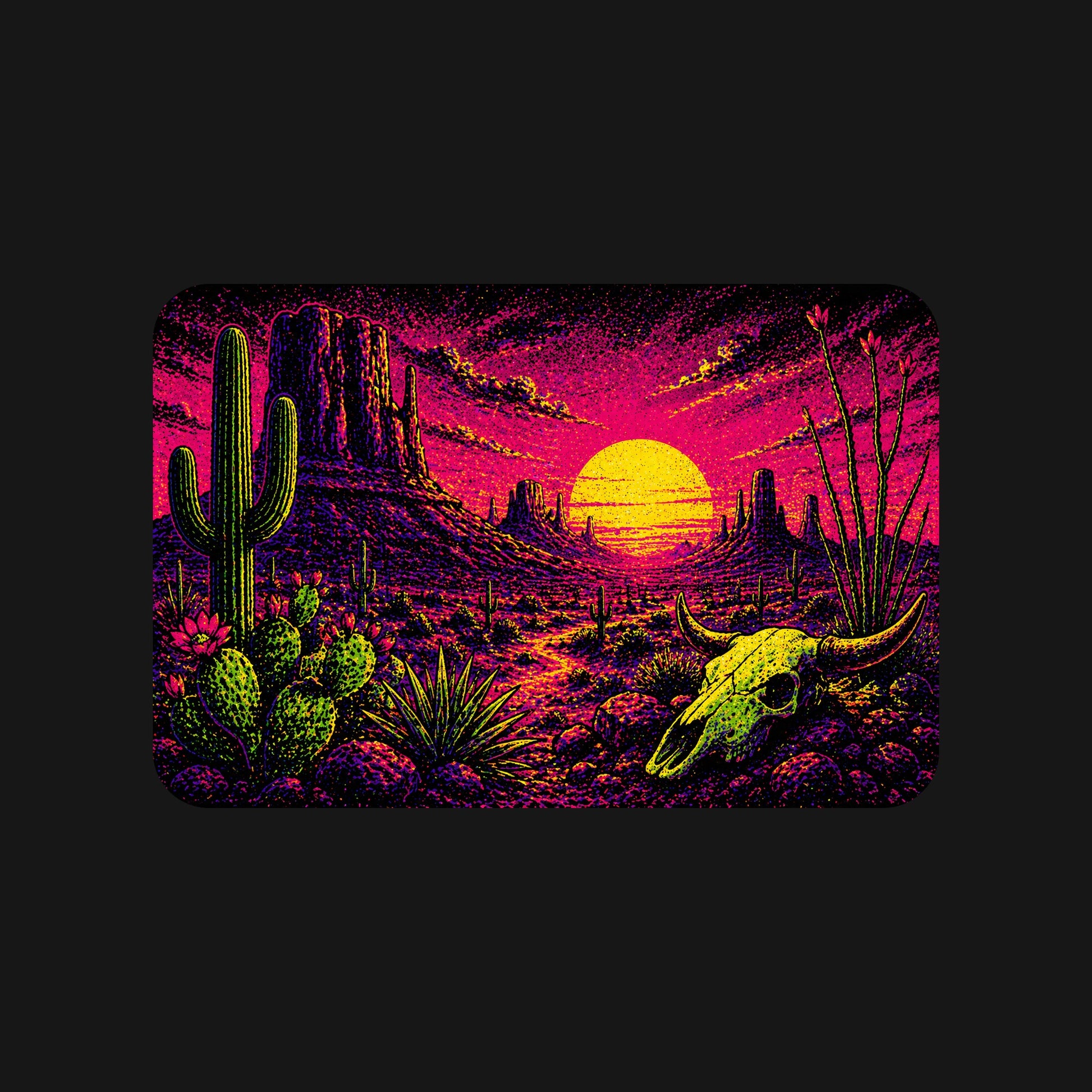 Close-up of the Blacklight Desert Skull Sunset design on a Black tee