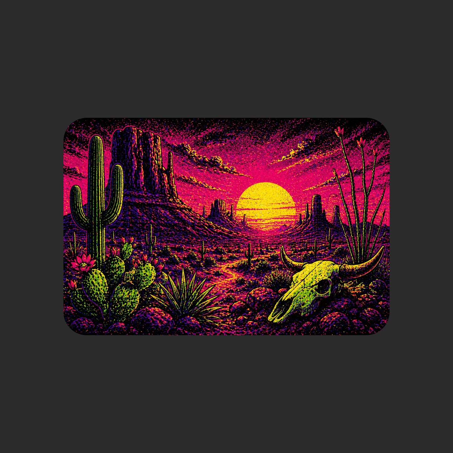 Close-up of the Blacklight Desert Sunset design on a Dark Grey Heather V-neck tee