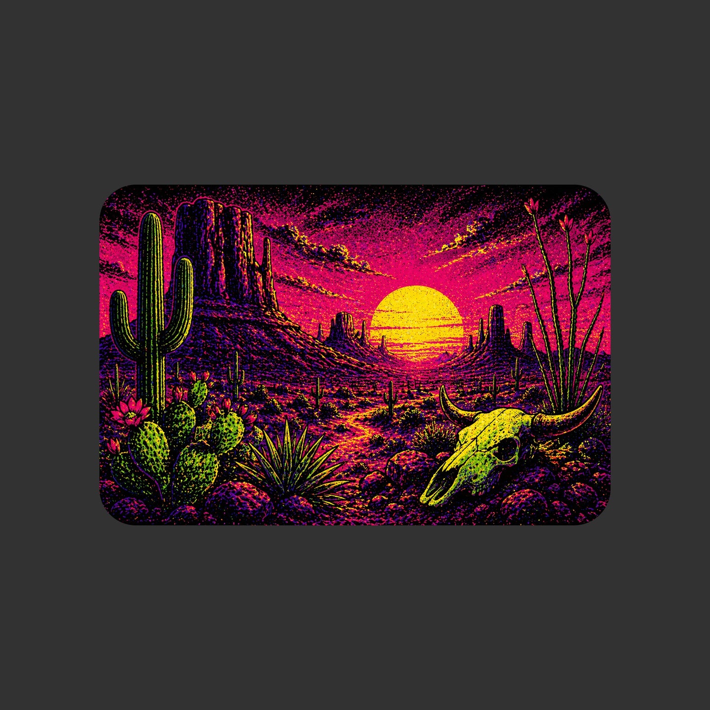 Close-up of the Blacklight Desert Skull Sunset design on a Dark Grey Heather tee