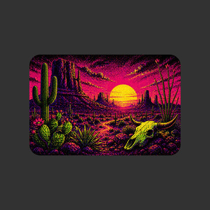 Close-up of the Blacklight Desert Skull Sunset design on a Dark Grey Heather tee