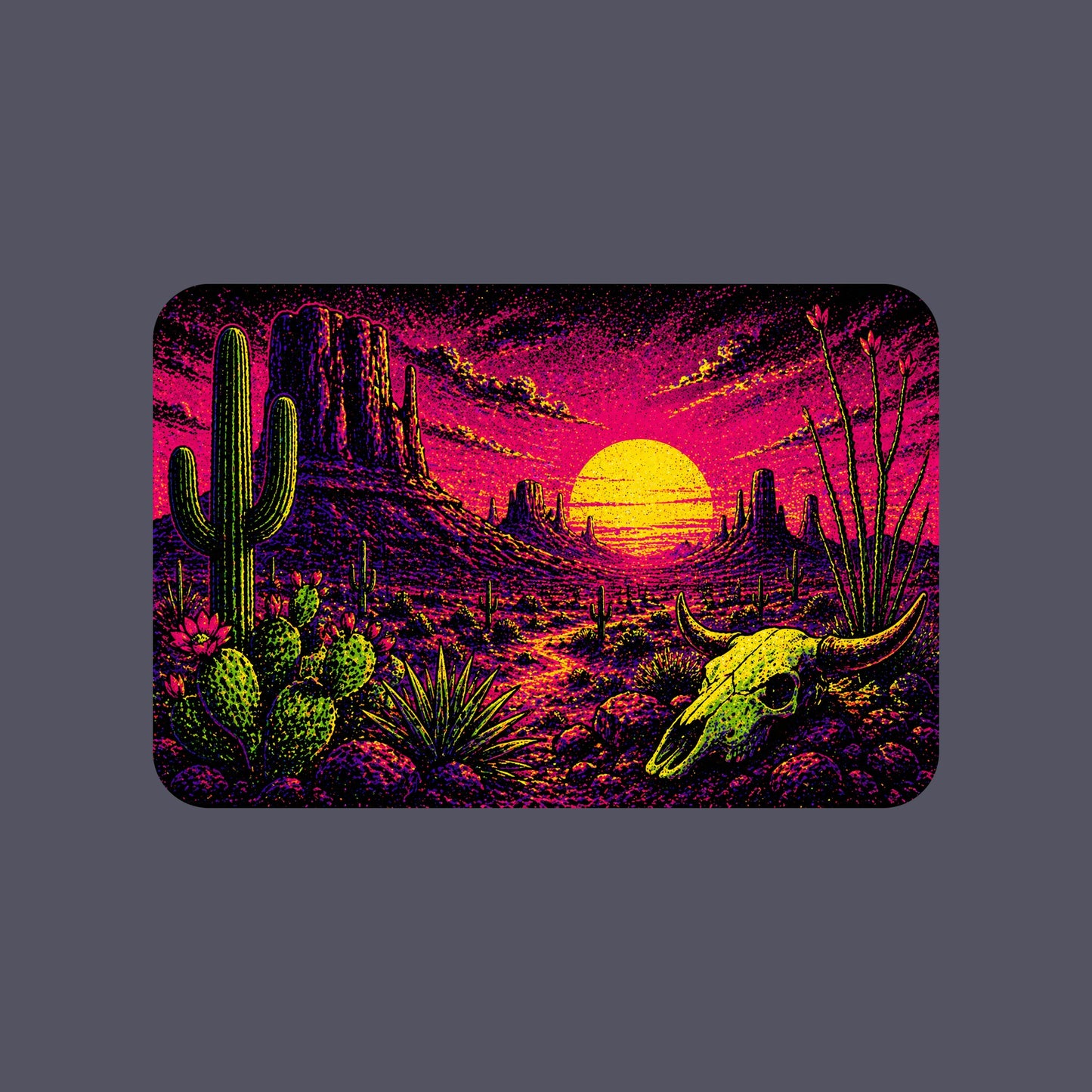 Close-up of the Blacklight Desert Skull Sunset design on a Heather Navy tee