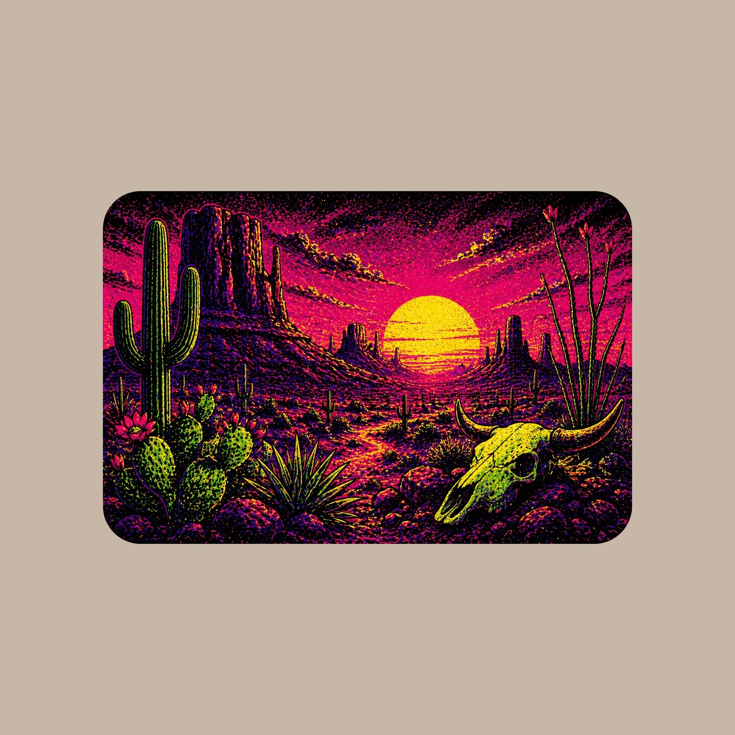 Close-up of the Blacklight Desert Skull Sunset design on a Heather Stone tee