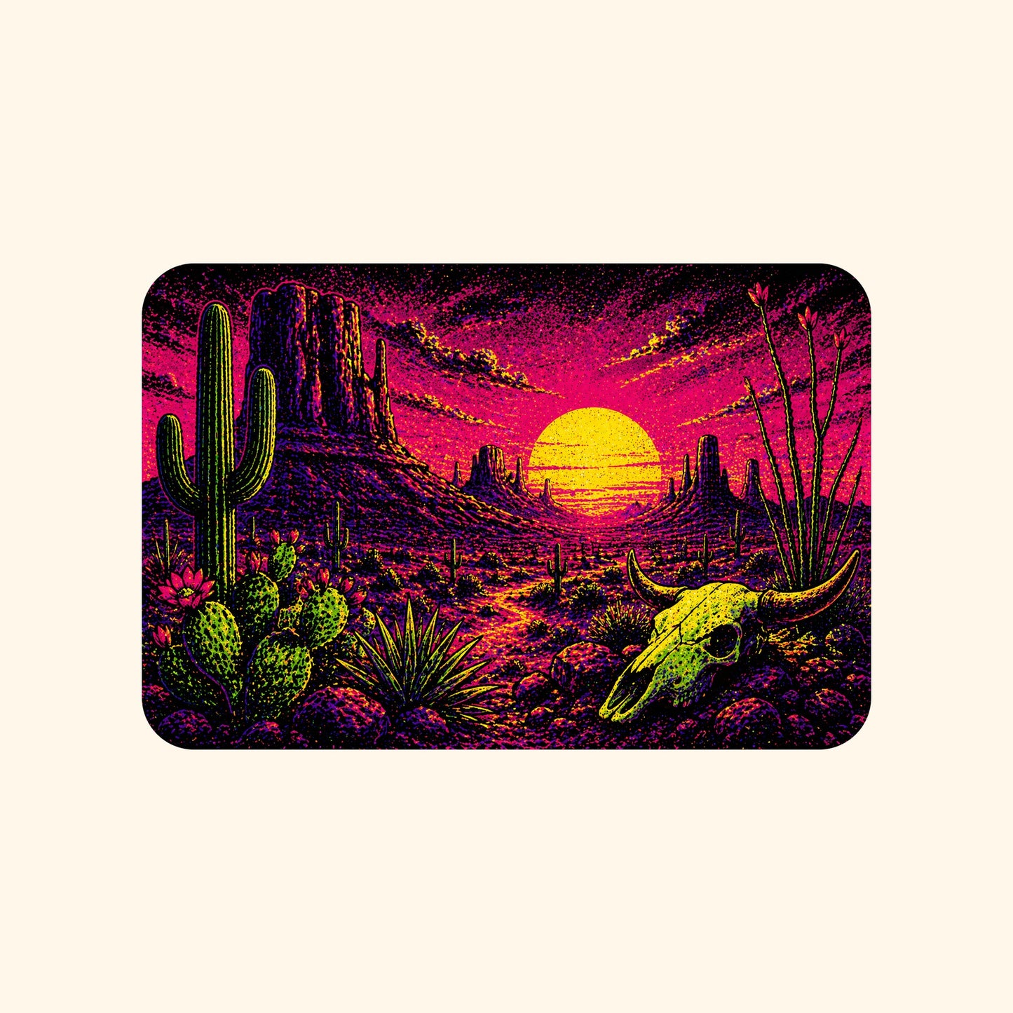 Close-up of the Blacklight Desert Skull Sunset design on a Natural tee