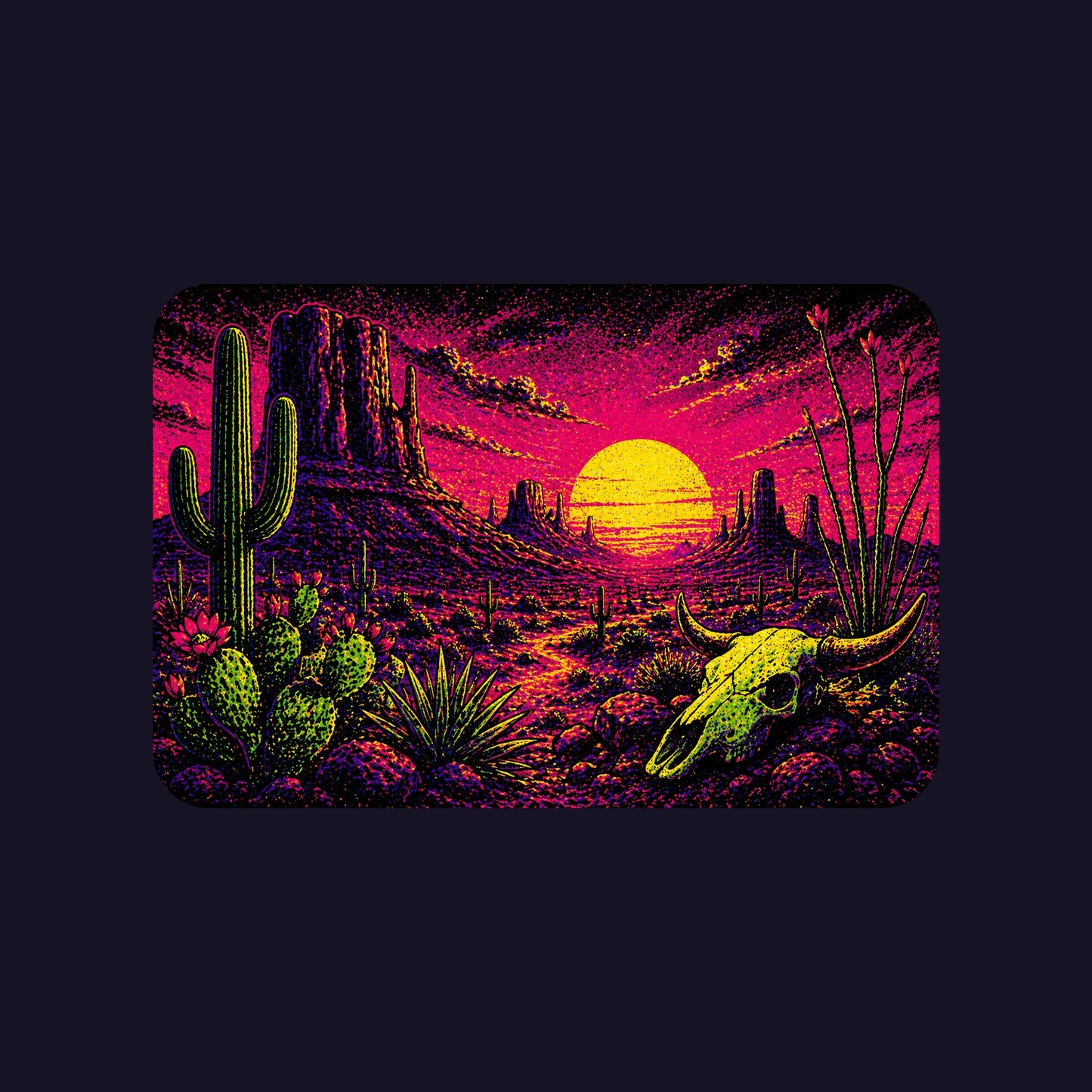 Close-up of the Blacklight Desert Skull Sunset design on a Navy tee