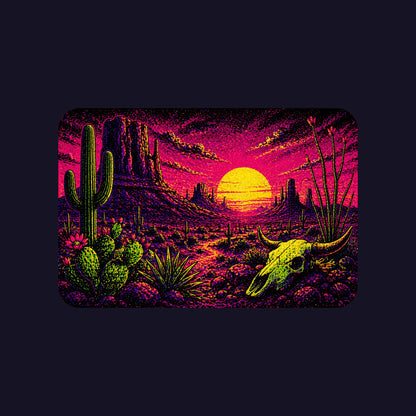 Close-up of the Blacklight Desert Skull Sunset design on a Navy tee