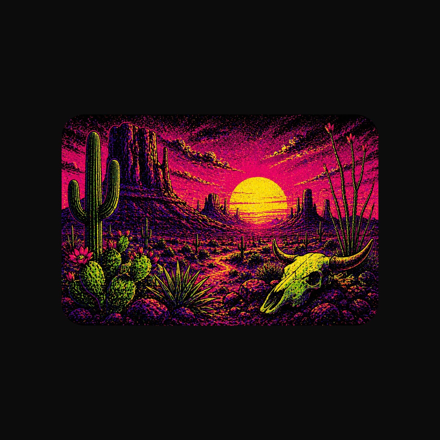 Close-up of the Blacklight Desert Sunset design on a Solid Black Blend V-neck tee
