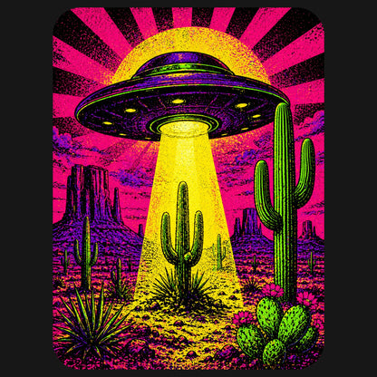 Close-up of the Neon Beam Desert UFO design on a Black tee