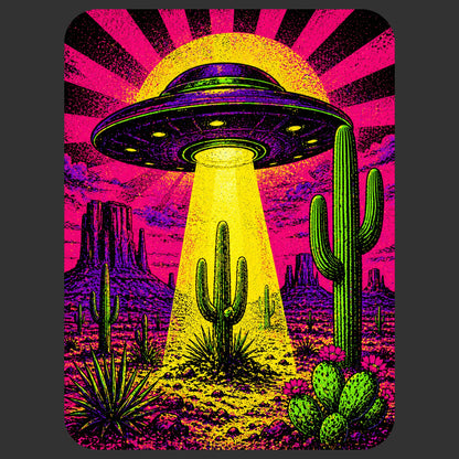 Close-up of the Neon Beam Desert UFO design on a Dark Grey Heather tee