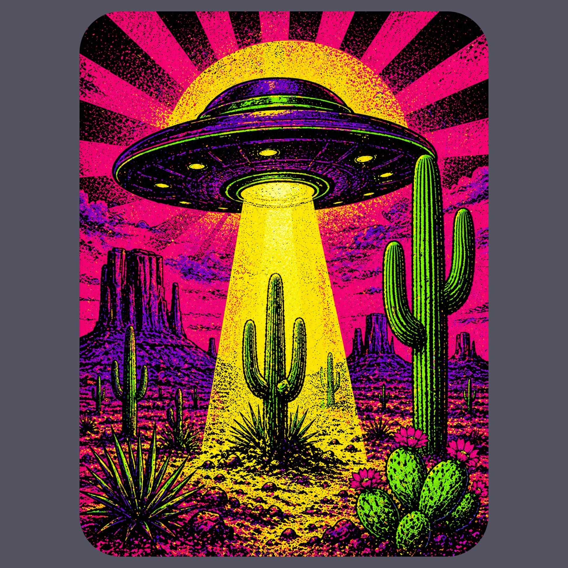 Close-up of the Neon Beam Desert UFO design on a Heather Navy tee