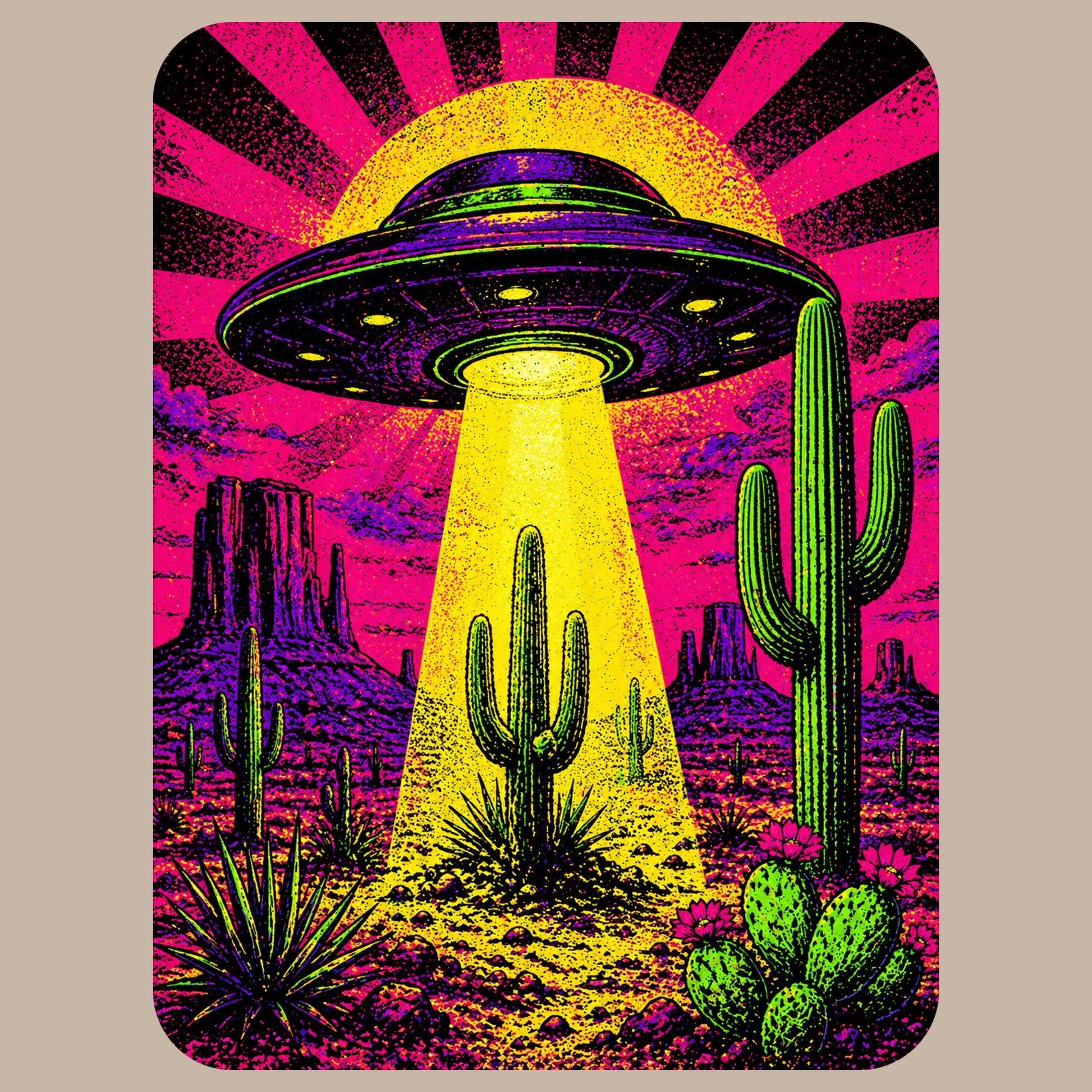 Close-up of the Neon Beam Desert UFO design on a Heather Stone tee