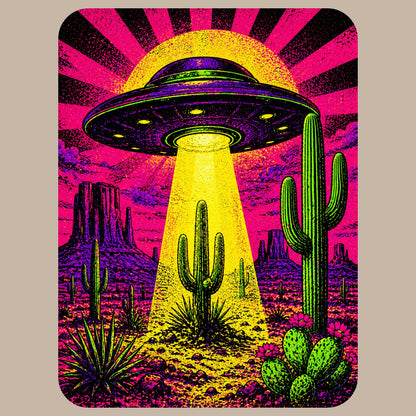 Close-up of the Neon Beam Desert UFO design on a Heather Stone tee