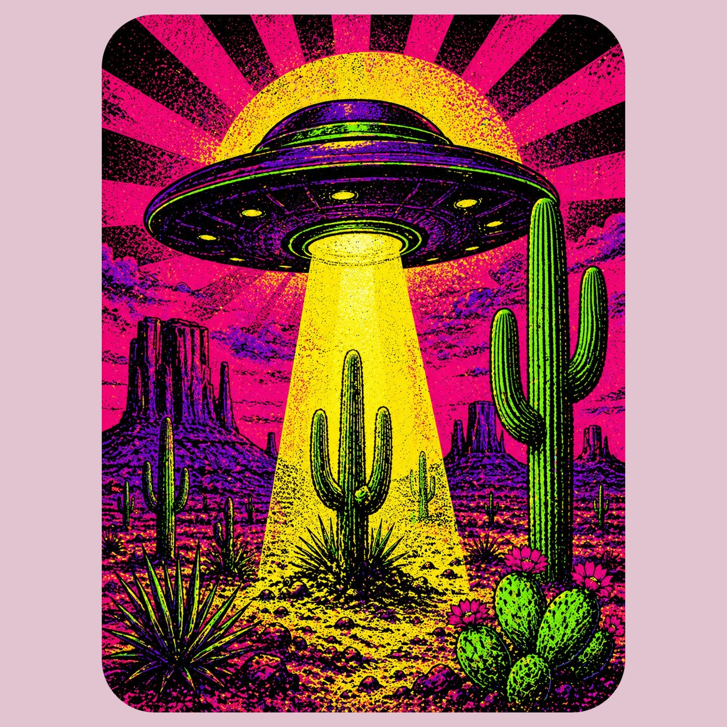 Close-up of the Neon Beam Desert UFO design on a Light Violet tee