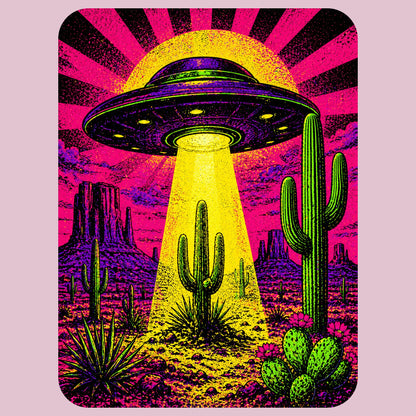 Close-up of the Neon Beam Desert UFO design on a Light Violet tee