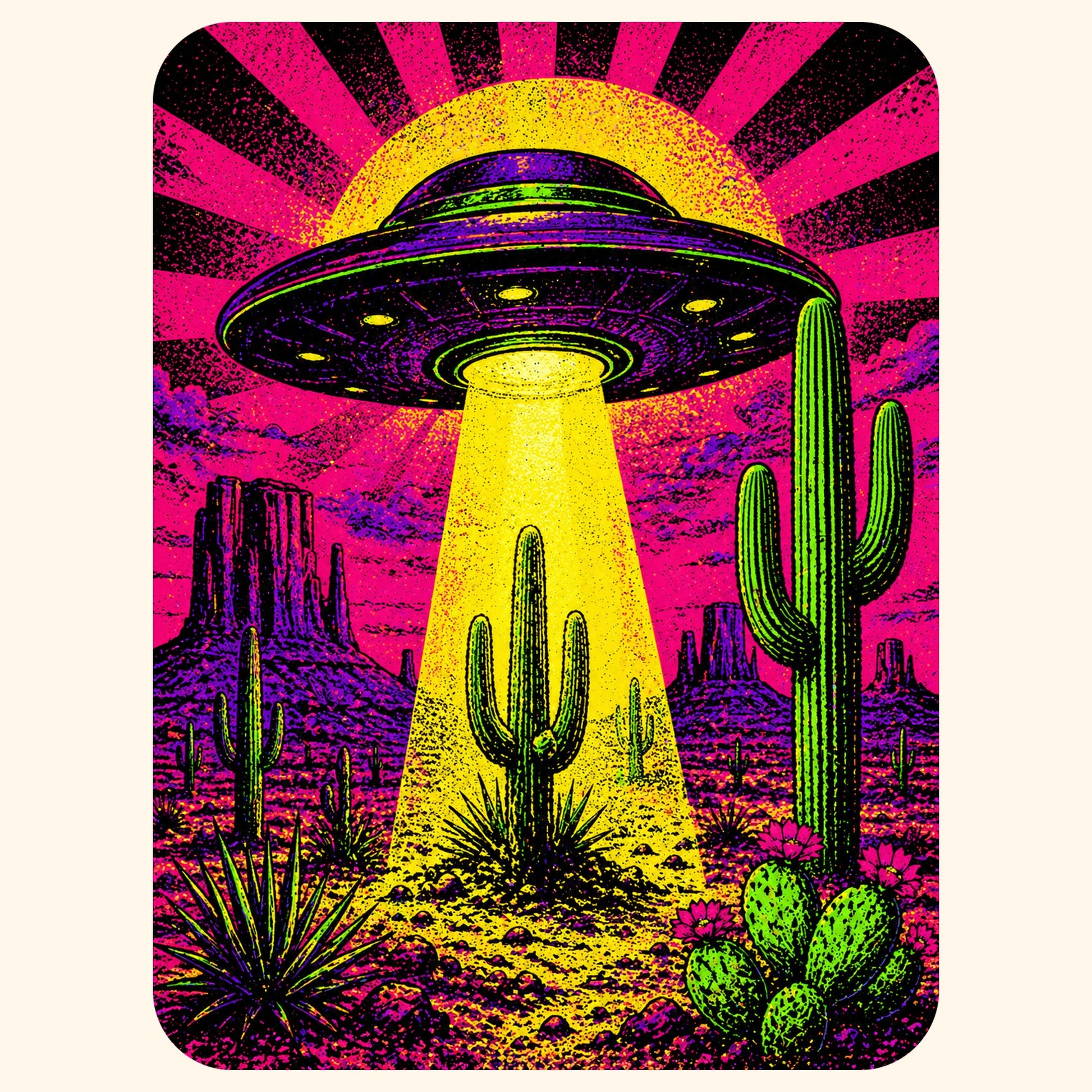 Close-up of the Neon Beam Desert UFO design on a Natural tee