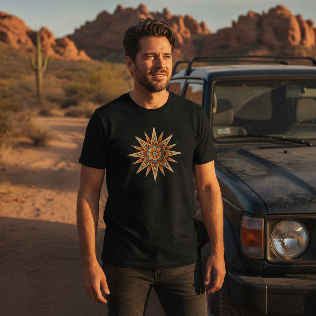Compass Star Mandala graphic tee worn in the Southwest desert