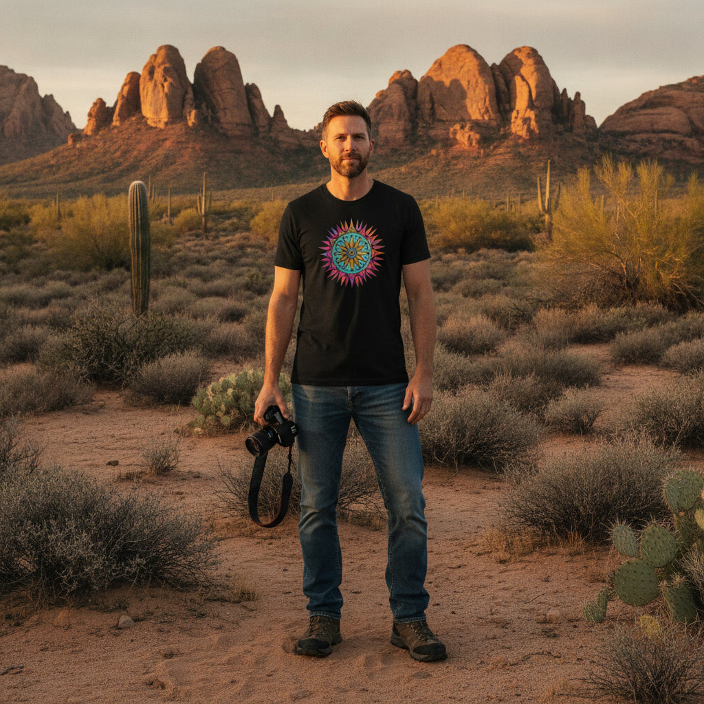 Neon Gradient Mandala graphic tee worn in the Southwest desert