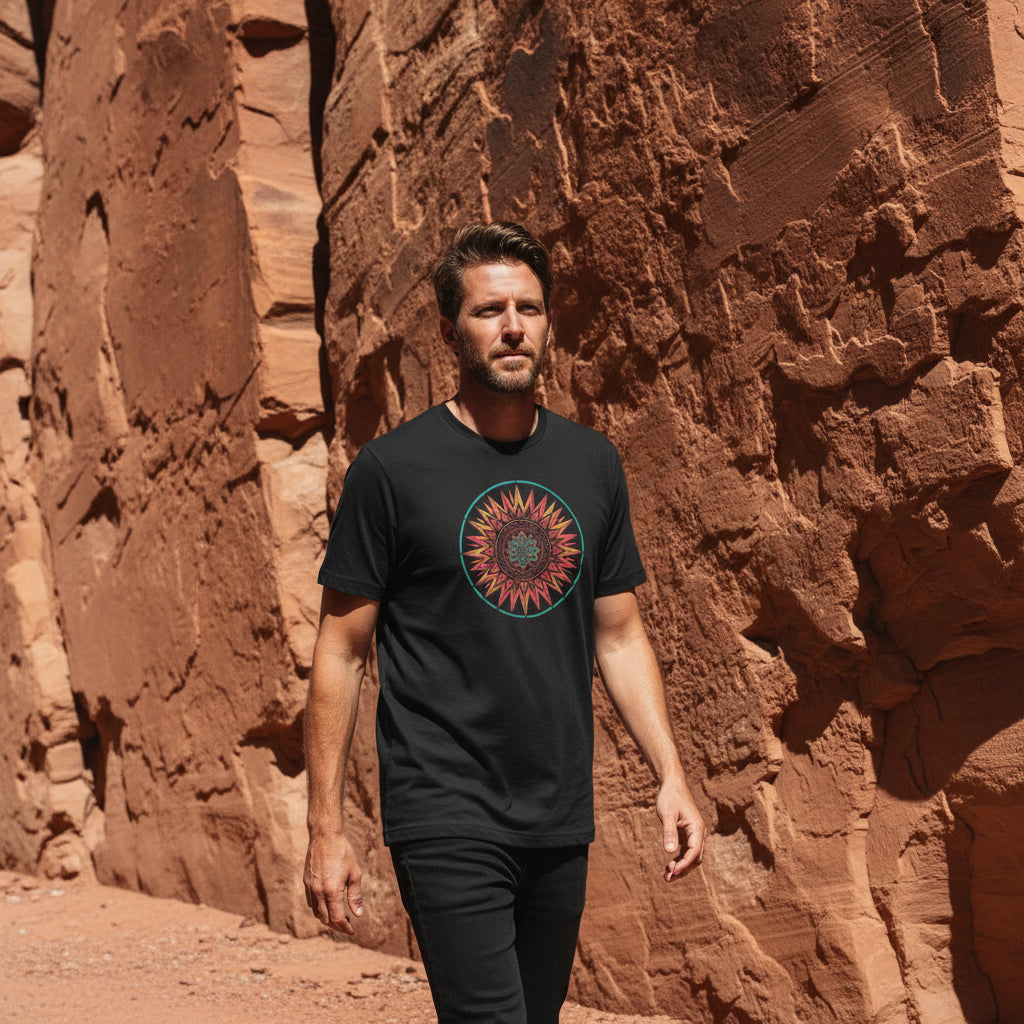 Sunset Mandala graphic tee worn in the Southwest desert