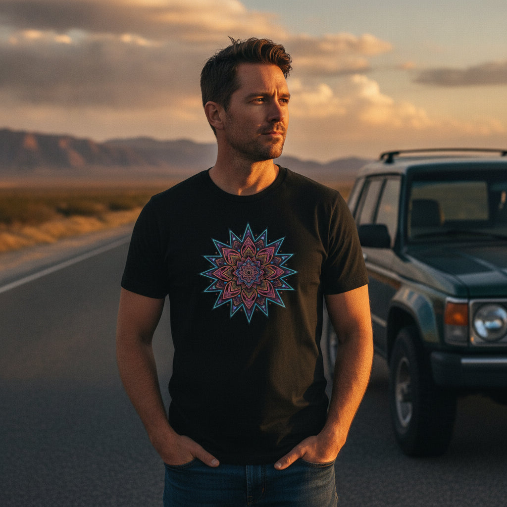Neon Burst Mandala graphic tee worn in the Southwest desert