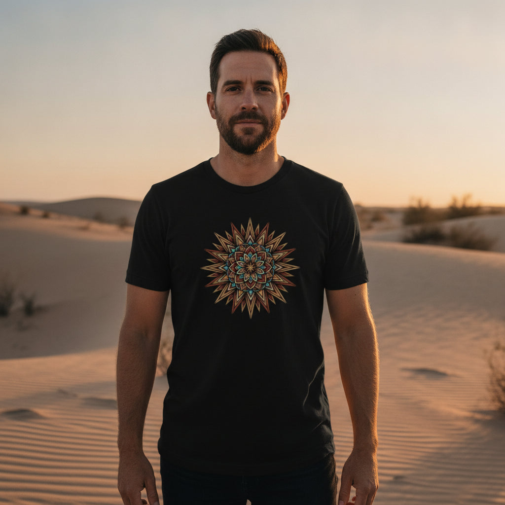 Turquoise Burst Mandala graphic tee worn in the Southwest desert