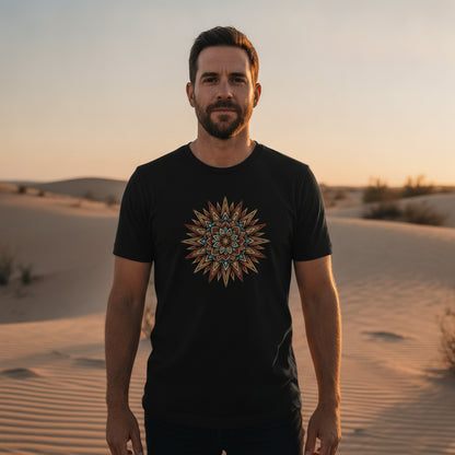 Turquoise Burst Mandala graphic tee worn in the Southwest desert