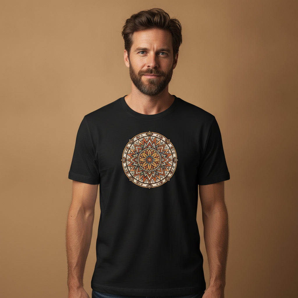 Desert Sunburst Mandala graphic tee worn in the Southwest desert