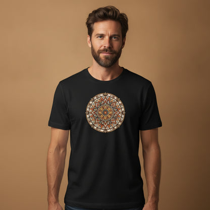 Desert Sunburst Mandala graphic tee worn in the Southwest desert