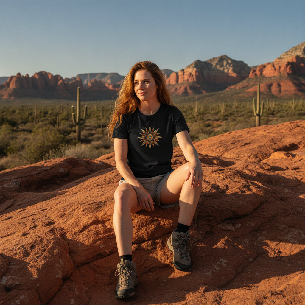 Desert Mandala Star graphic tee worn in the Southwest desert