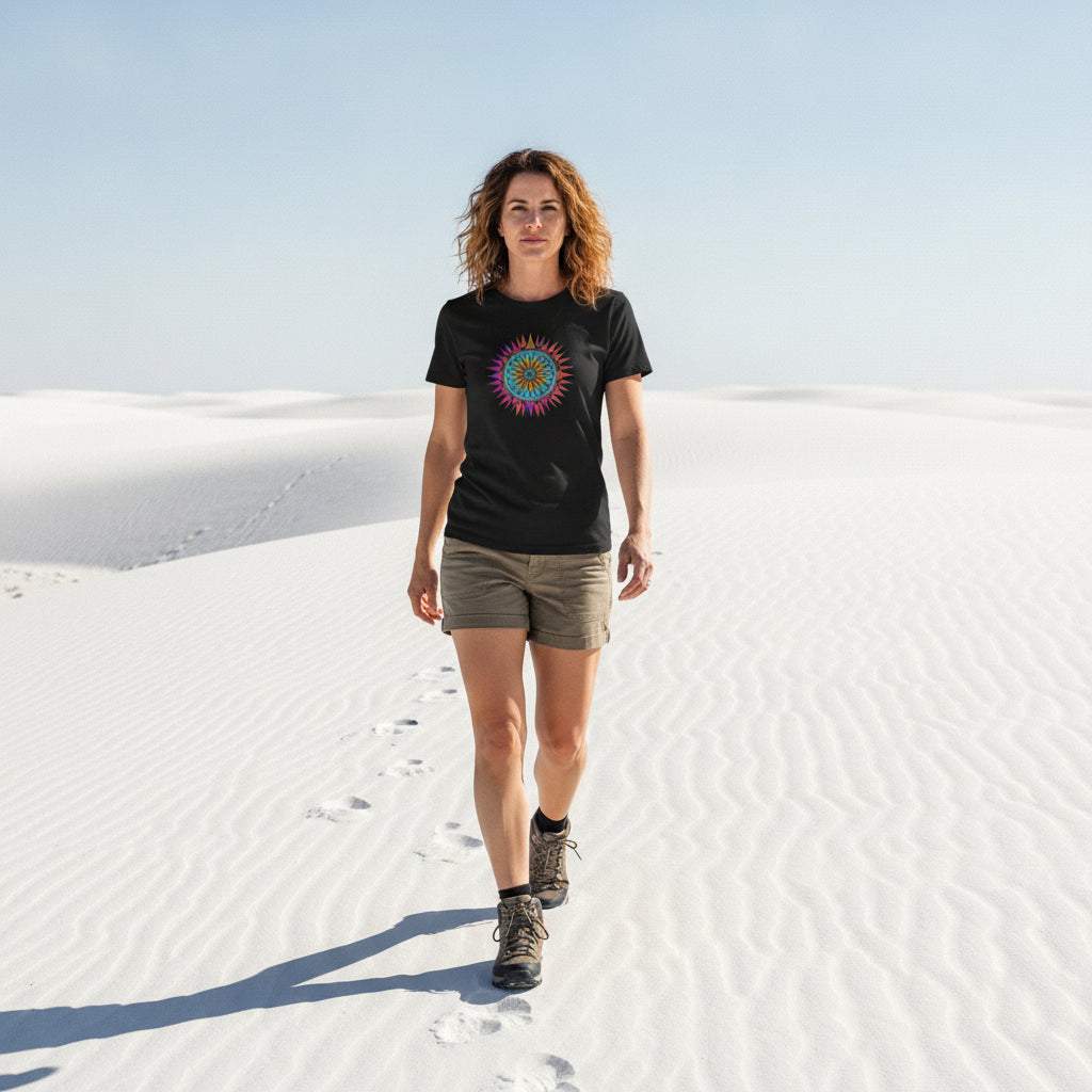 Neon Gradient Mandala graphic tee worn in the Southwest desert