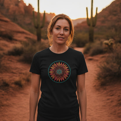 Teal Ring Sunset Mandala graphic tee worn in the Southwest desert