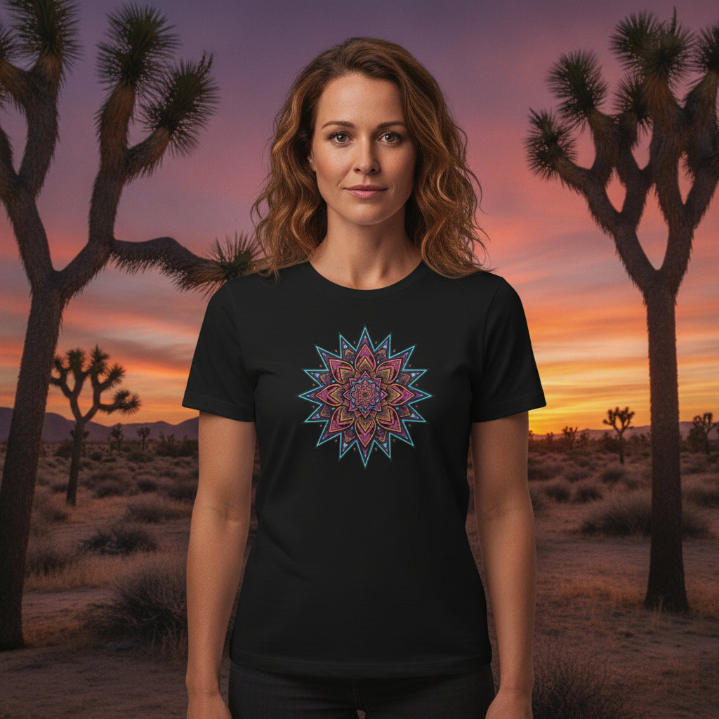 Neon Mandala Star graphic tee worn in the Southwest desert