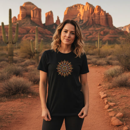 Desert Sun Mandala graphic tee worn in the Southwest desert