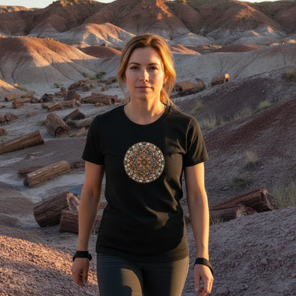 Desert Bloom Mandala graphic tee worn in the Southwest desert
