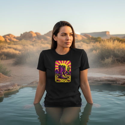 Neon Sunburst Boots graphic tee worn in the Southwest desert