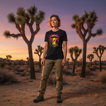 Neon Cow Abduction graphic tee worn in the Southwest desert