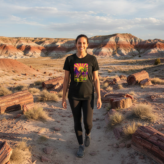 Neon Sunburst Howling Coyote graphic tee worn in the Southwest desert